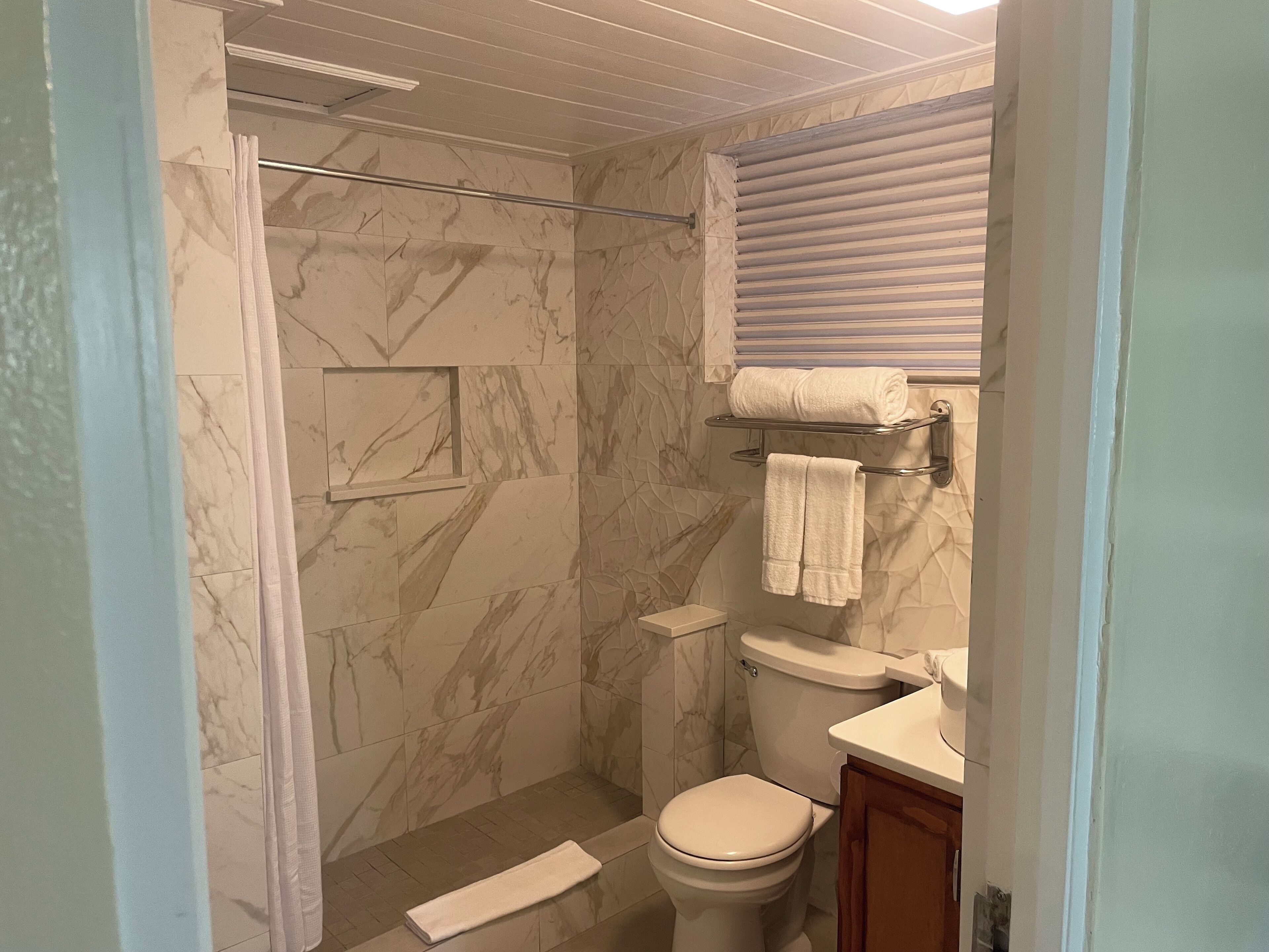 A bathroom with a shower, toilet, and vanity.