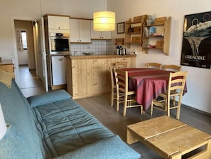 A compact living space with a kitchenette, a dining area, and a sofa.