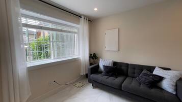 A living room with a grey sofa, a potted plant, and a window with white curtains.