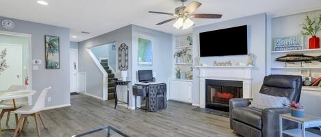 TV connectée, cheminée, lecteur de DVD, livres