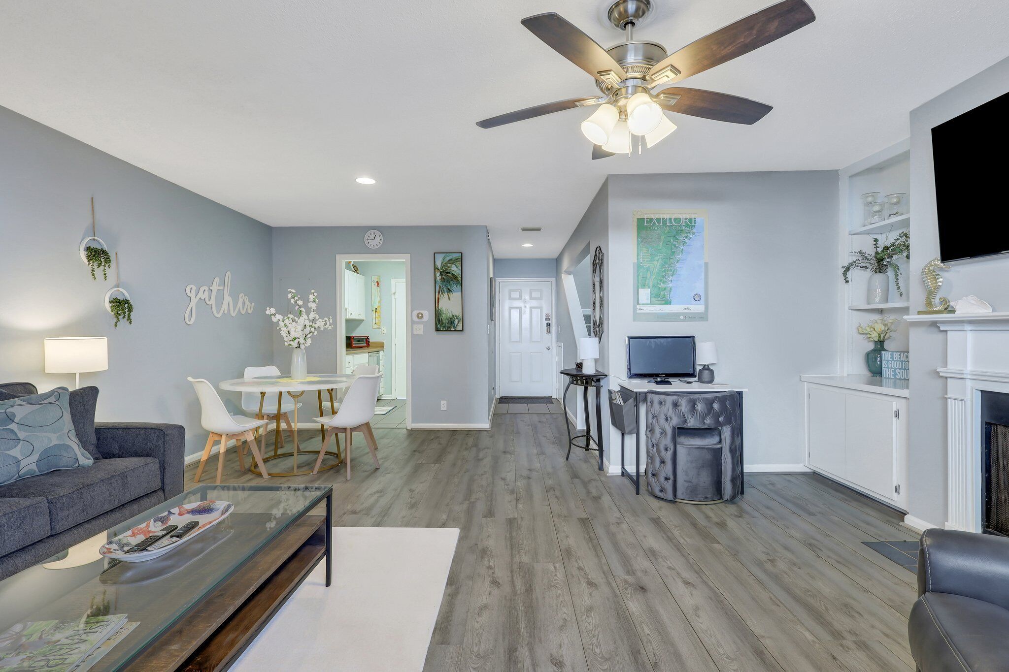 TV connectée, cheminée, lecteur de DVD, livres