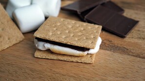 A stack of graham crackers with marshmallows in between.