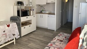 Un espacio habitable pequeño con kitchenette, zona de comedor y sofá.