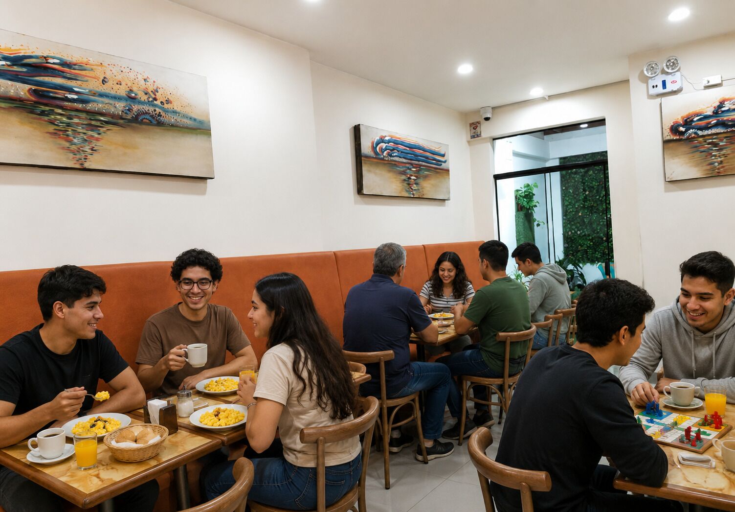 A group of people dining in a cafe with wooden furniture and artwork on the walls.