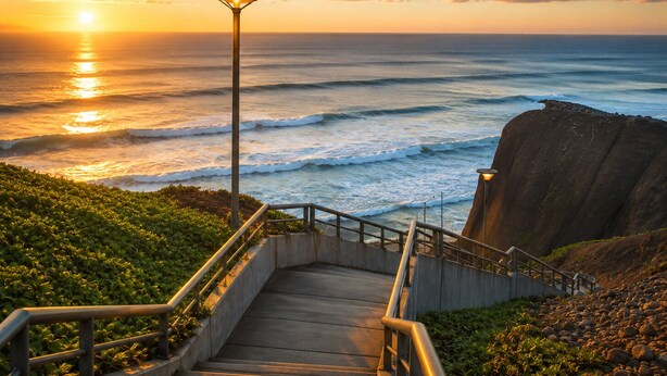 A staircase leading to a coastal area with a view of the ocean and a sunset. - HOTEL SOUL MATE INN  (Lima)