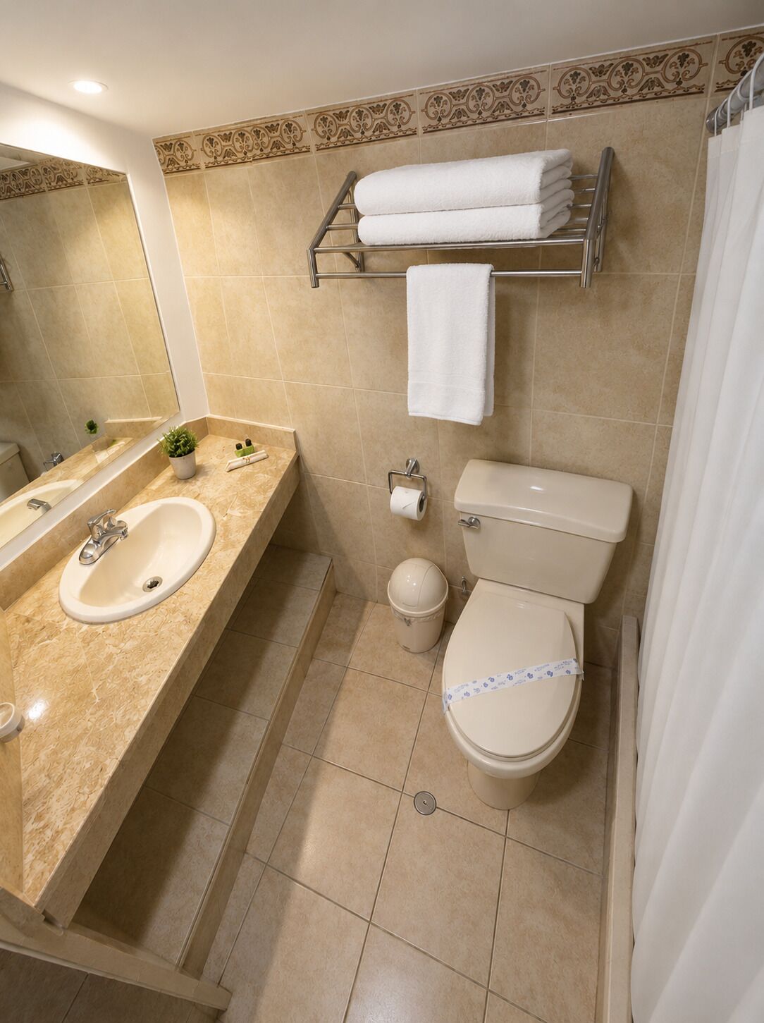 A bathroom with a sink, toilet, and towel rack.