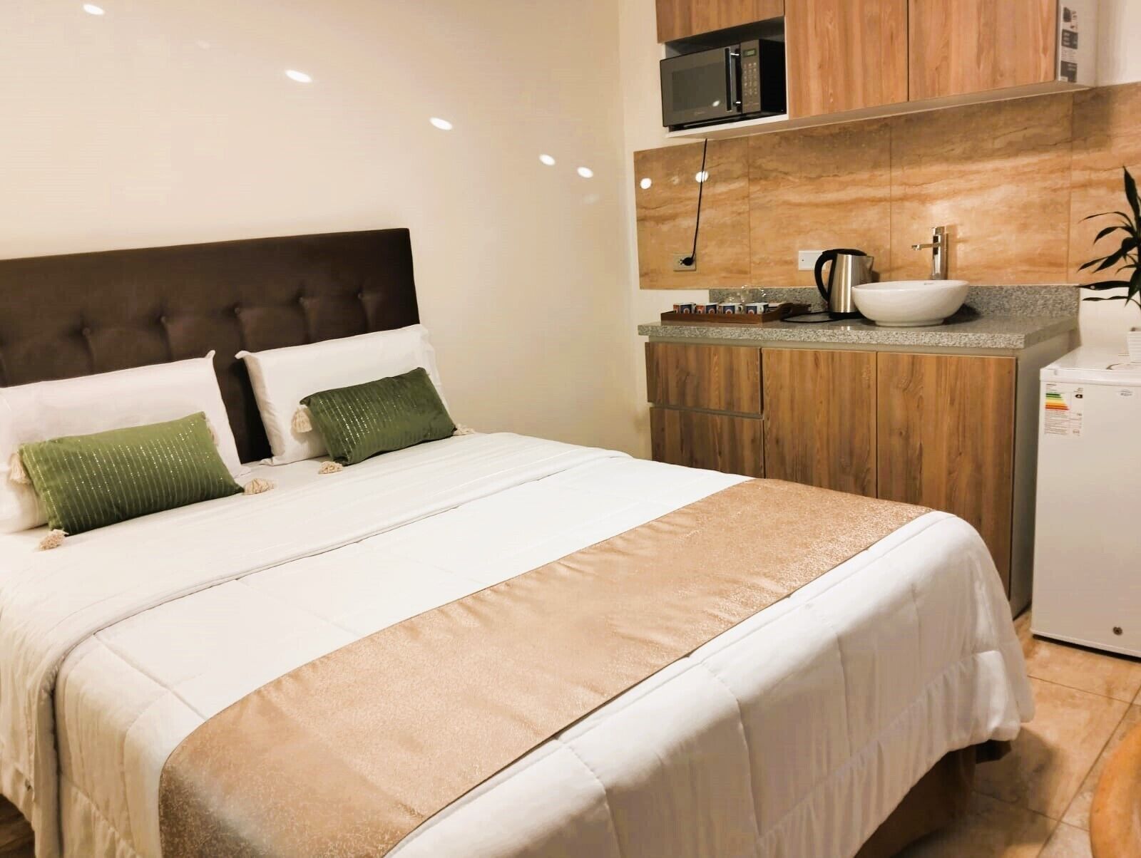 A bed with a headboard, a small kitchenette with a microwave, a sink, and a refrigerator.
