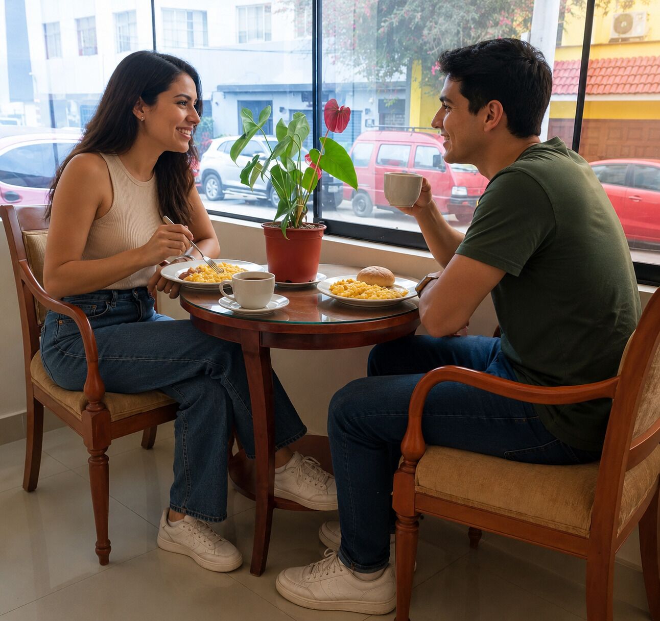 Two people sitting at a round table with a potted plant, plates of food, and a cup of coffee.
