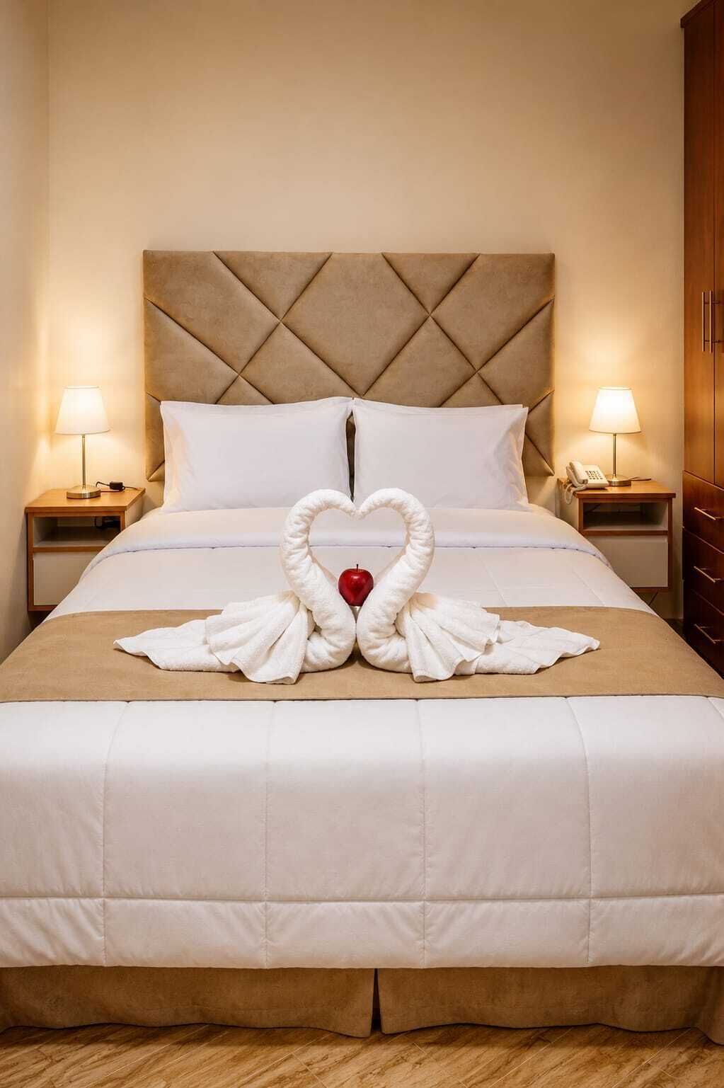 Quarto de hotel com cama, duas mesas de cabeceira, painel de cama em madeira e decoração de toalha em formato de coração.
