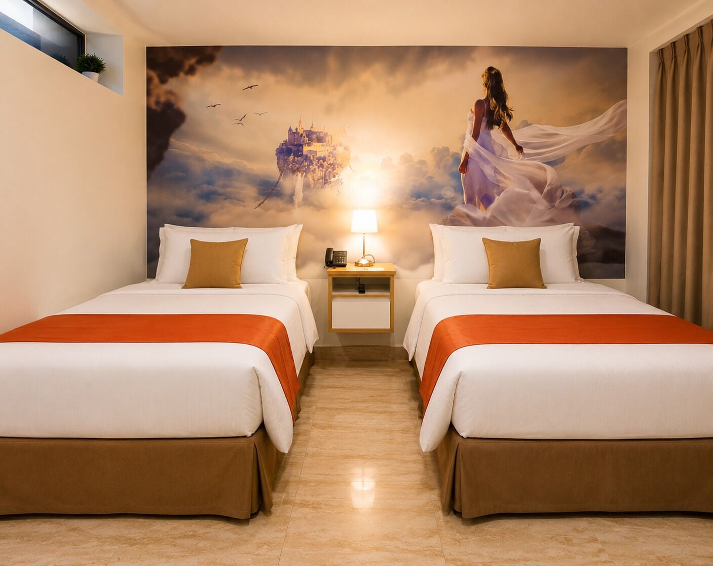 A hotel room with two beds, a nightstand with a lamp, and a mural of a castle and a woman.