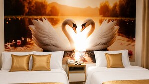A hotel room with two beds, a nightstand, and a wall mural of swans. - HOTEL SOUL MATE INN  (Lima)