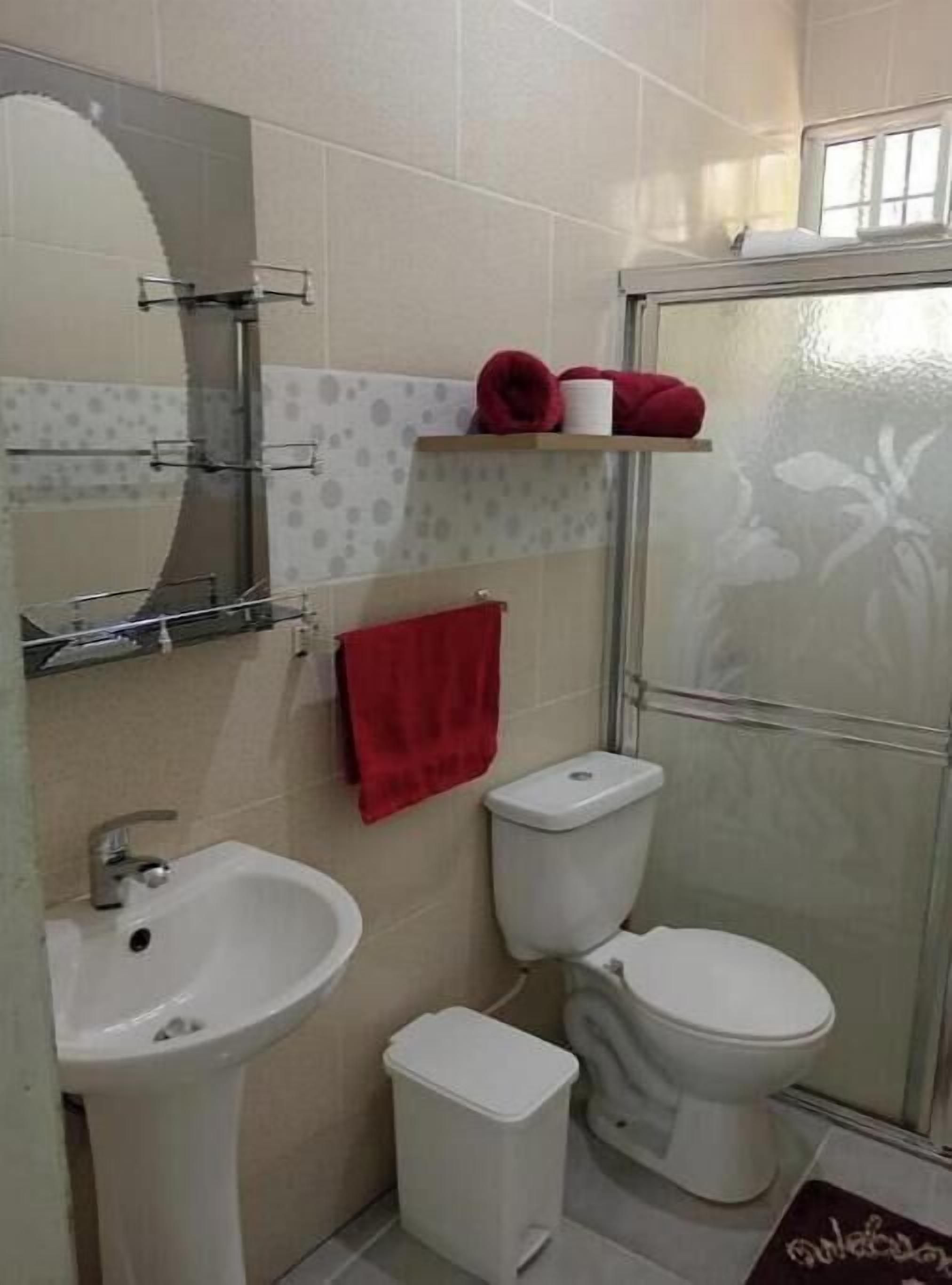 A bathroom with a sink, two toilets, a shower, and a mirror.