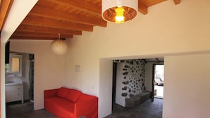 Un salon moderne avec un canapé rouge, un fauteuil gris et un mur au revêtement original.