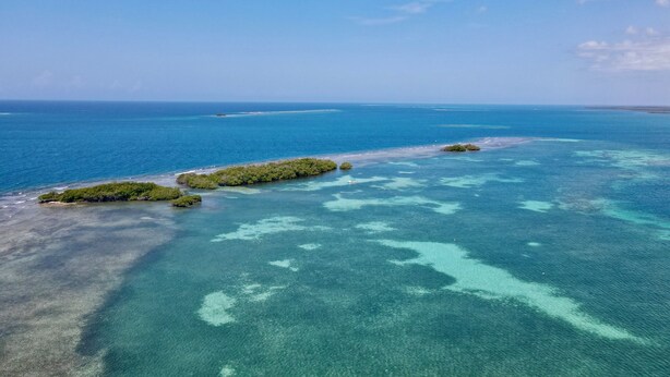 An aerial view of a coastal area with clear turquoise waters, several small islands, and a sandy beach. - Full 1st Floor Apartment with Pool - La Parguera (Lajas)