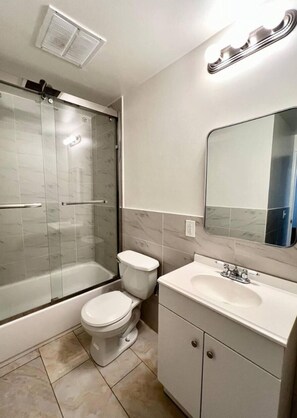 Hair dryer, towels, soap, toilet paper