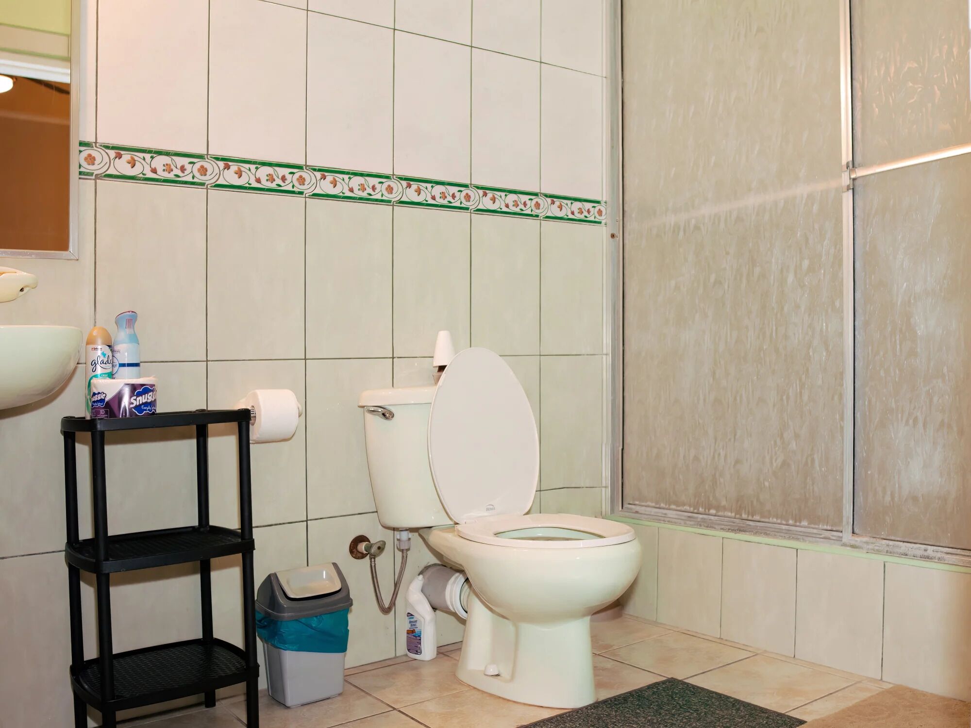 Um banheiro com vaso sanitário, prateleira com artigos de higiene, lixeira e área de chuveiro.