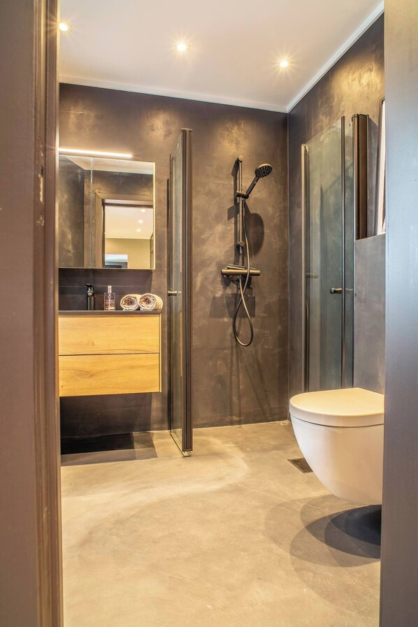 A modern bathroom with a glass shower enclosure, a wooden vanity with a mirror, and a white toilet.