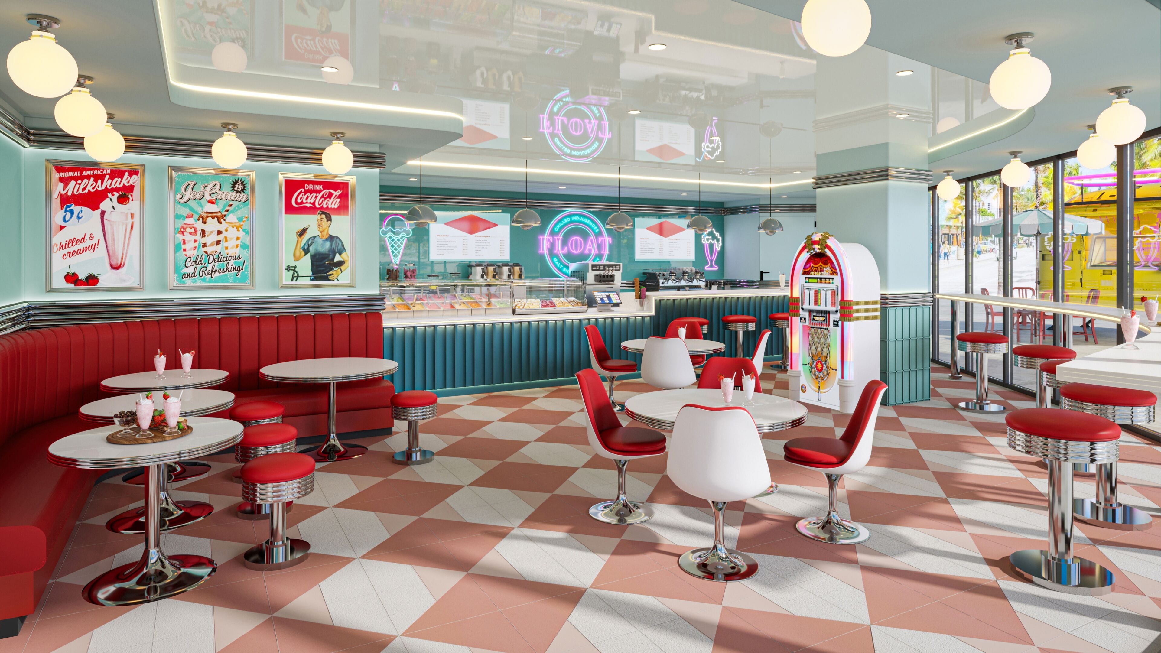 A retro-themed diner with checkered flooring, red booths, and classic diner decor.