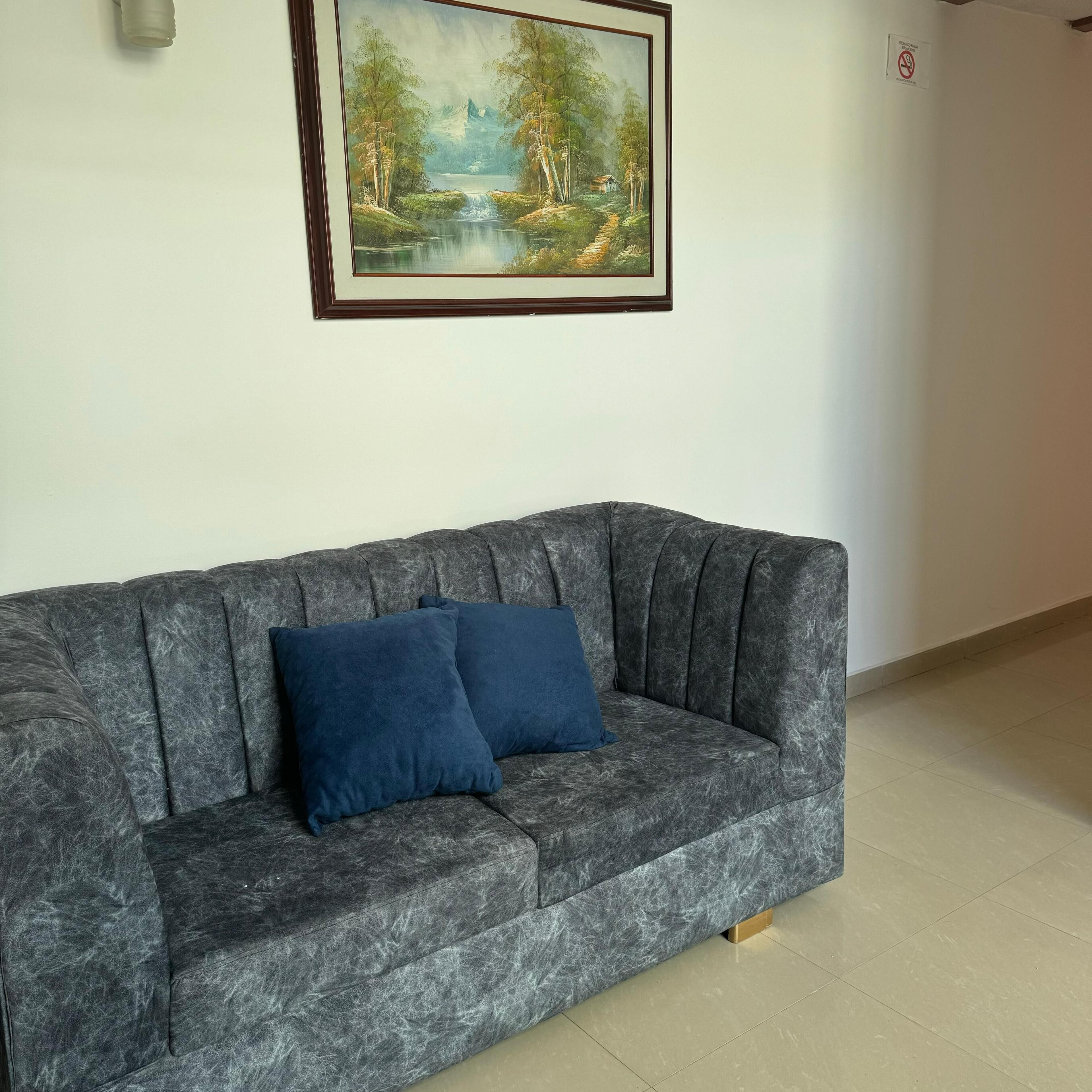 Un sofá gris con dos cojines azules en una habitación con un cuadro de paisaje enmarcado en la pared.