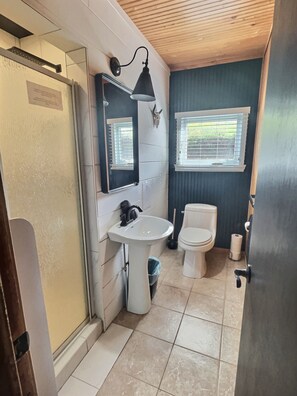 Bathroom features a pedestal sink, mirror, and toilet, with a window and wooden ceiling.
