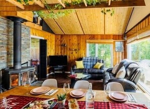 Cozy cabin-style interior with a stone fireplace, comfortable seating area, and dining table.