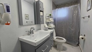 Douche, sèche-cheveux, serviettes fournies, savon