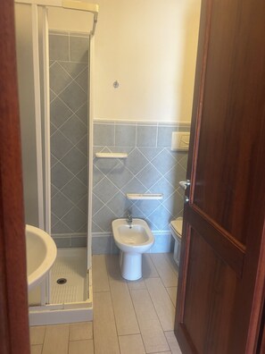 Regadera, secadora de cabello, bidet, papel de baño 