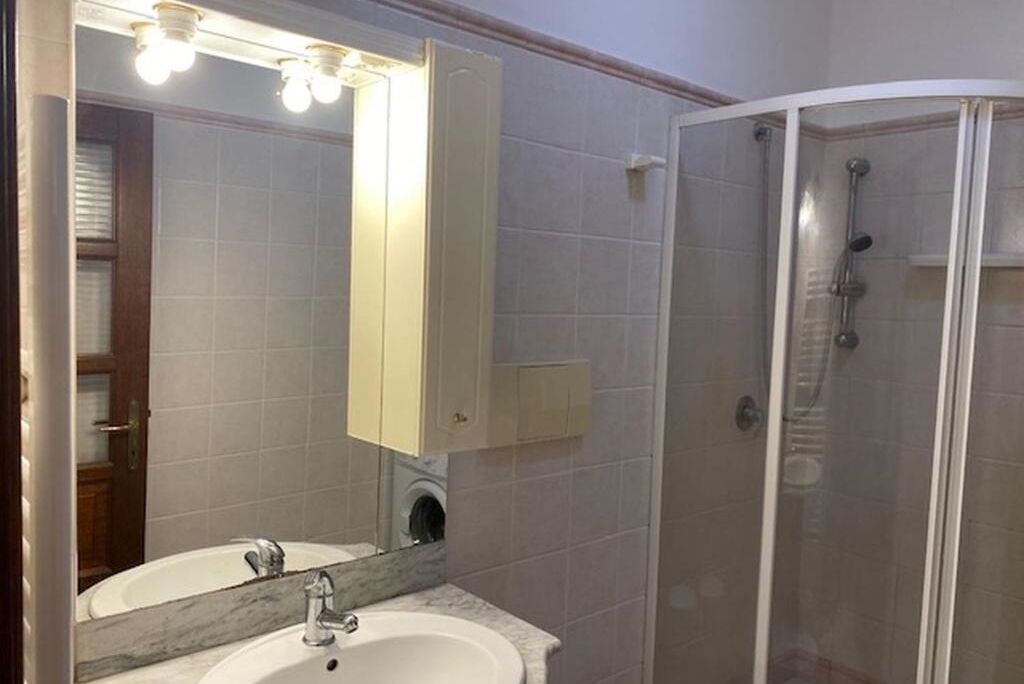 A bathroom with a white sink, a mirror, and a glass-enclosed shower.