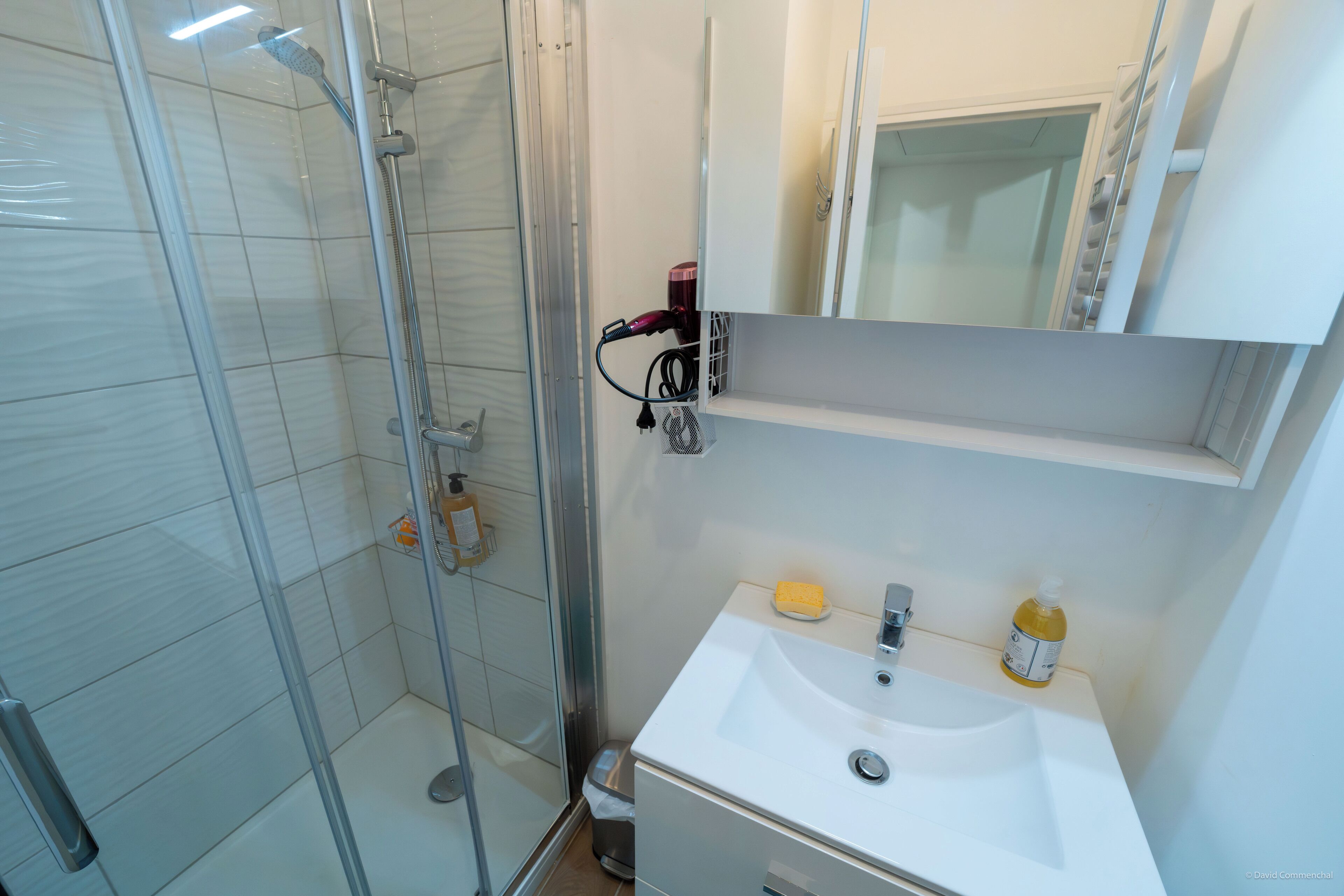 Shower, hair dryer, soap, toilet paper