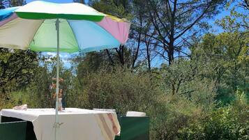 Seasonal outdoor pool, pool umbrellas, pool loungers
