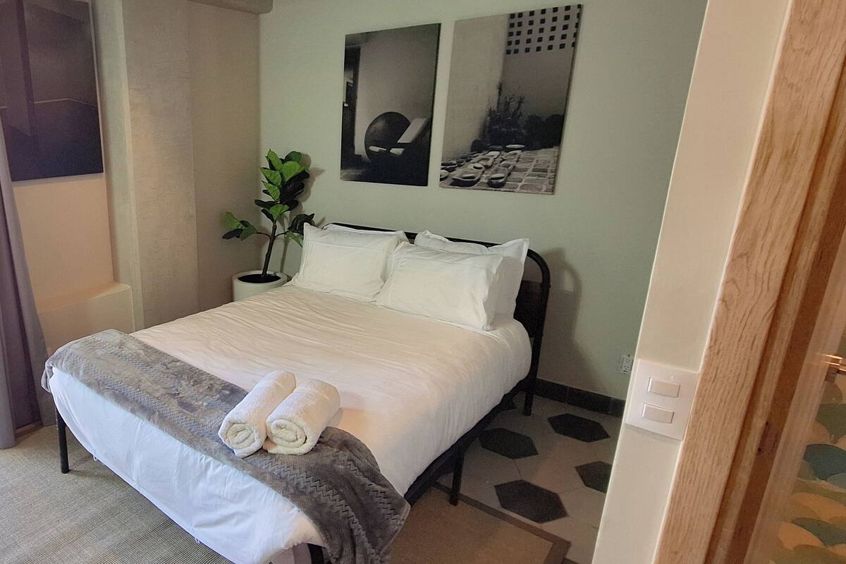 A hotel room with a bed, a potted plant, and a view through a window.