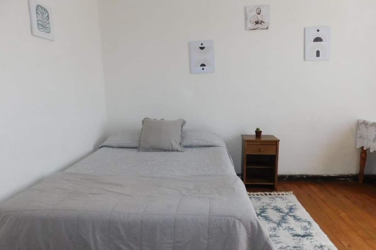 Una camera da letto con un letto singolo, un comodino, un tavolino con una pianta e un interruttore della luce montato a parete.