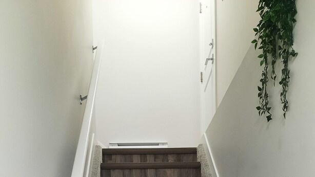 Una escalera con peldaños de madera y un rellano alfombrado.