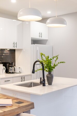Une cuisine moderne avec des meubles blancs, un robinet noir et une plante en pot sur l’îlot central.