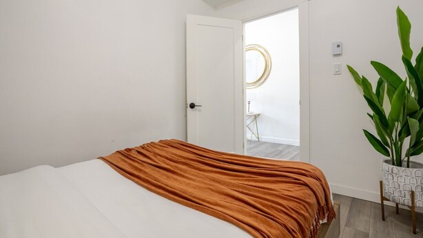 Une chambre avec un lit, une porte donnant sur une autre pièce et une plante en pot.