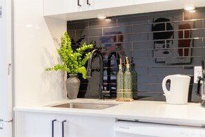 Una cocina moderna con un lavamanos de acero inoxidable, un grifo negro, una planta en maceta y dos botellas de aceite de oliva sobre la encimera.