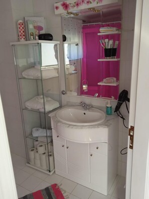 Shower, hair dryer, towels