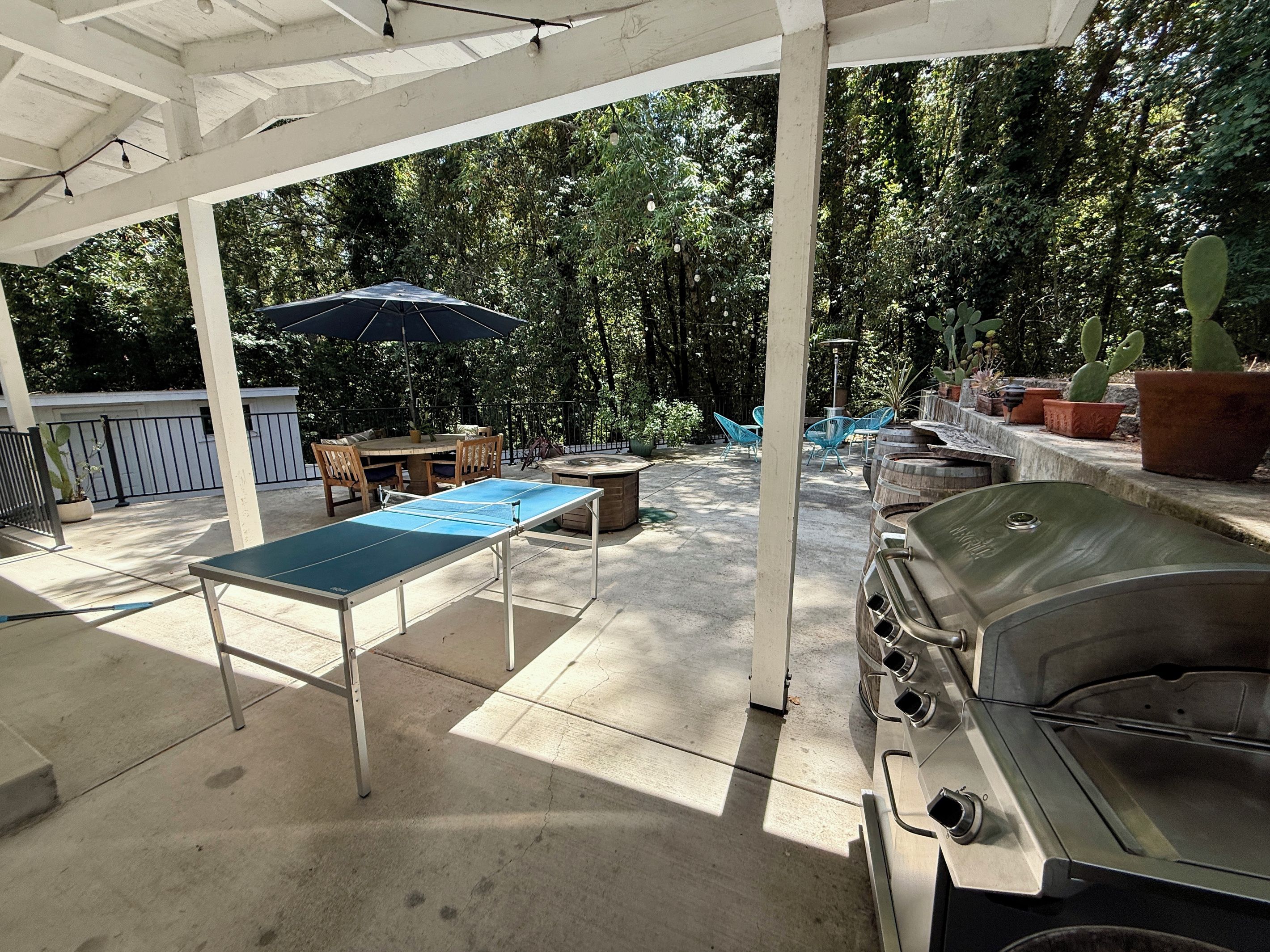 Un patio exterior con mesa de ping pong, asientos, una parrilla y plantas en macetas.