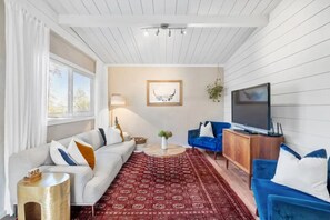 Smart TV, fireplace, ping pong, books