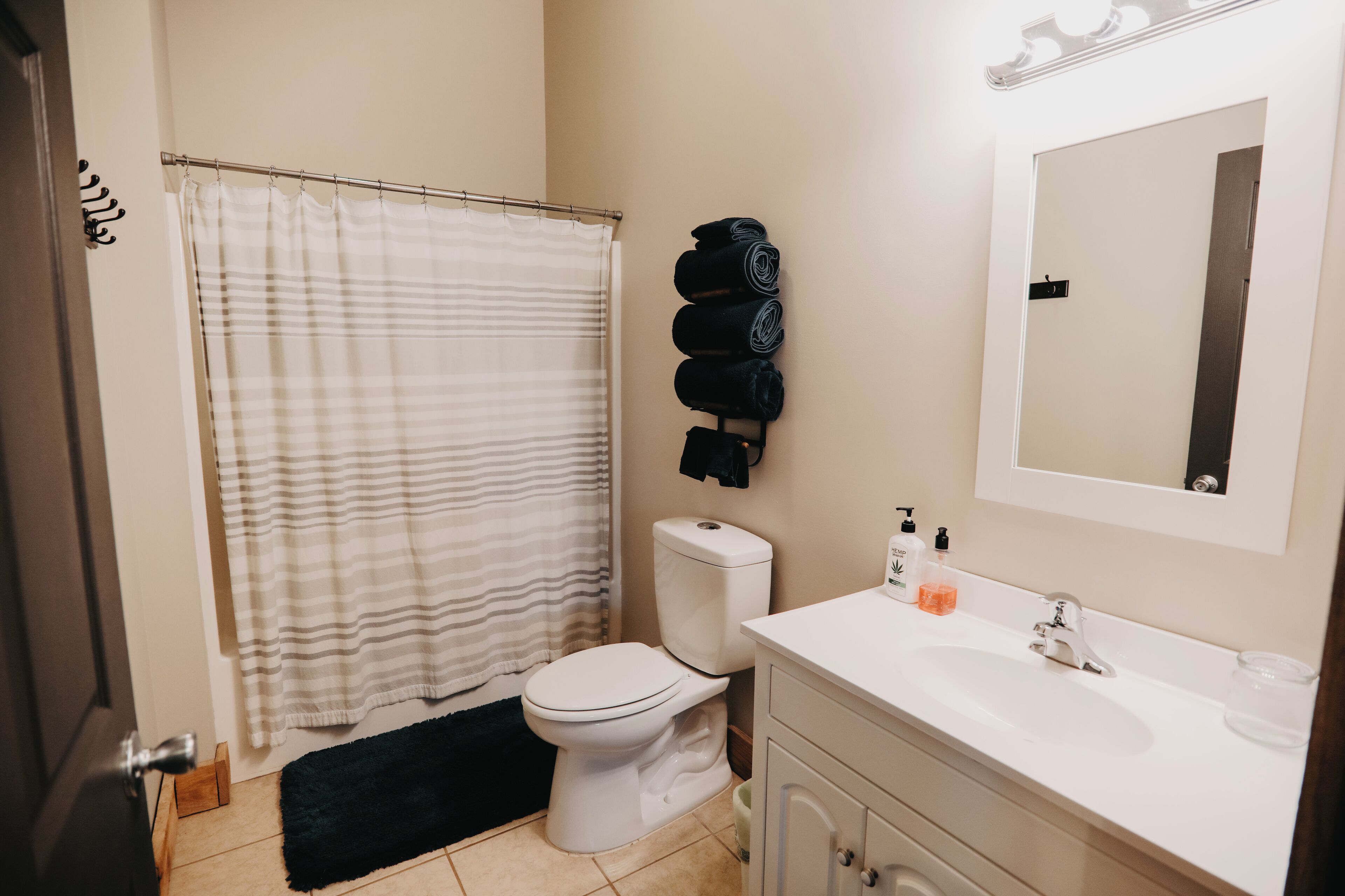 Hair dryer, towels, soap, toilet paper