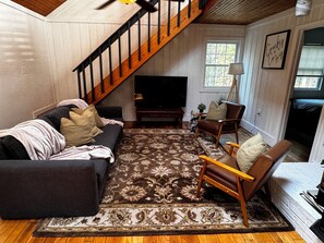 Smart TV, lareira, livros, biblioteca musical