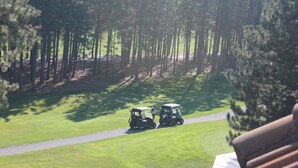 Un campo de golf con dos carritos de golf y un sendero.