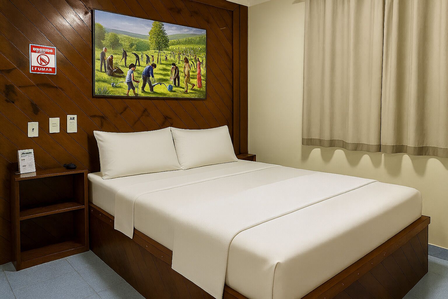 A hotel room with a bed, a wooden headboard, a painting of a rural scene, a sign prohibiting smoking, and a window with curtains.