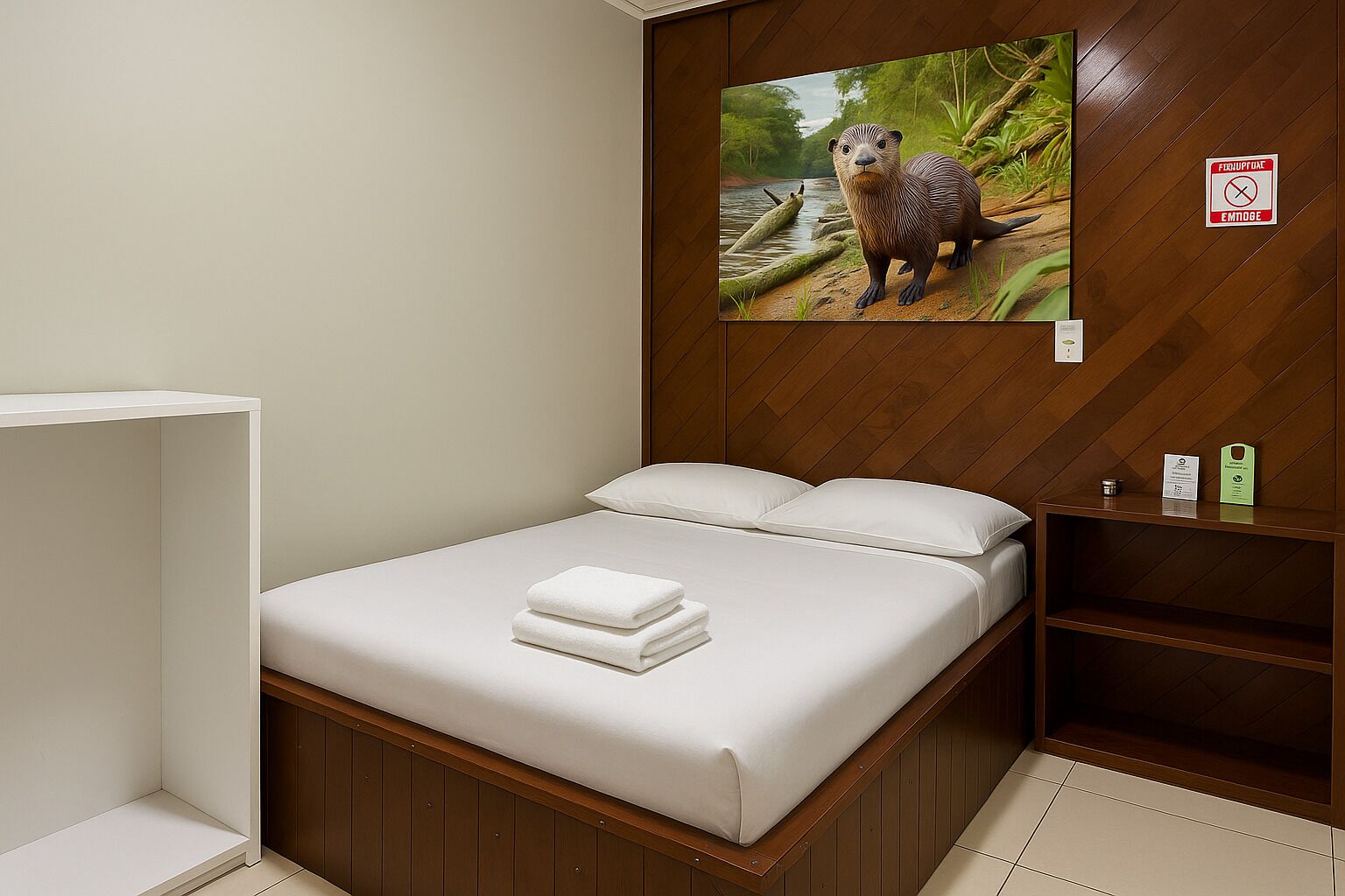 A hotel room with a bed, a wooden headboard, a wall-mounted picture of an otter, and a shelf with a sign.