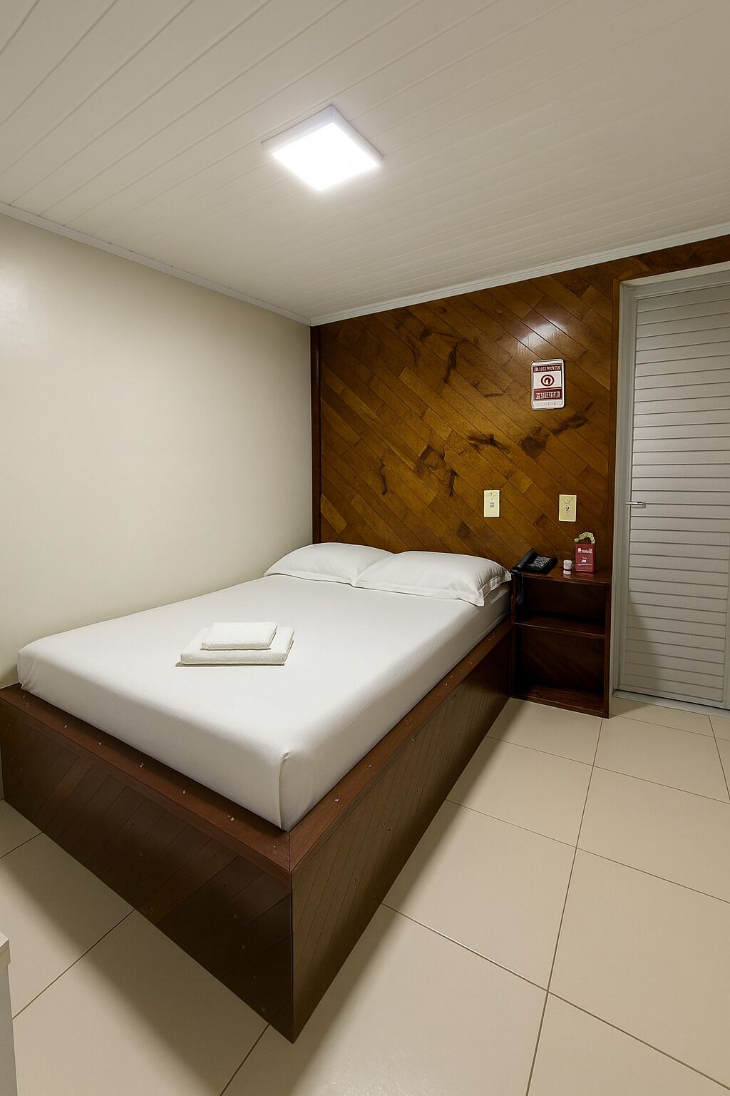 A bedroom with a bed, wooden headboard, white walls, and a tiled floor.