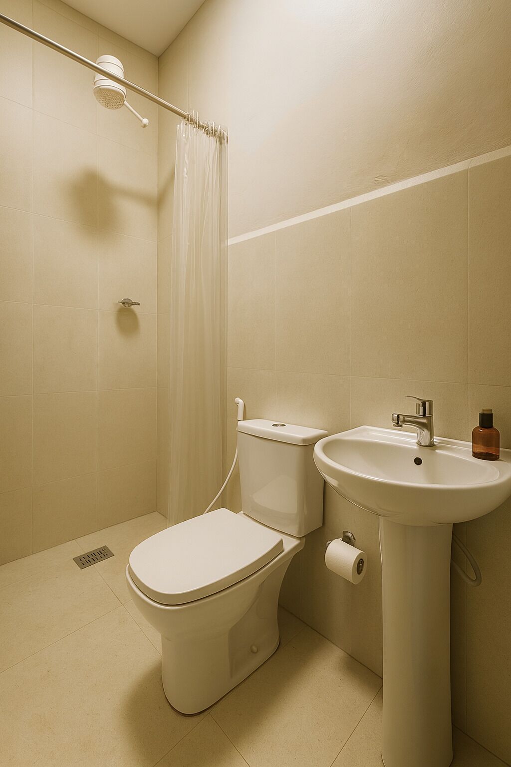 Un baño con inodoro, lavamanos y ducha.