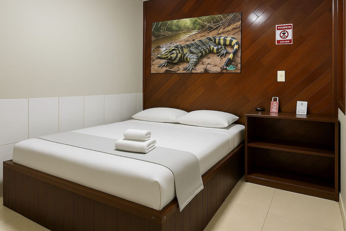A hotel room with a bed, white linens, a wooden headboard, a nightstand, a framed picture of a snake on the wall, and a 'No Snakes Allowed' sign.