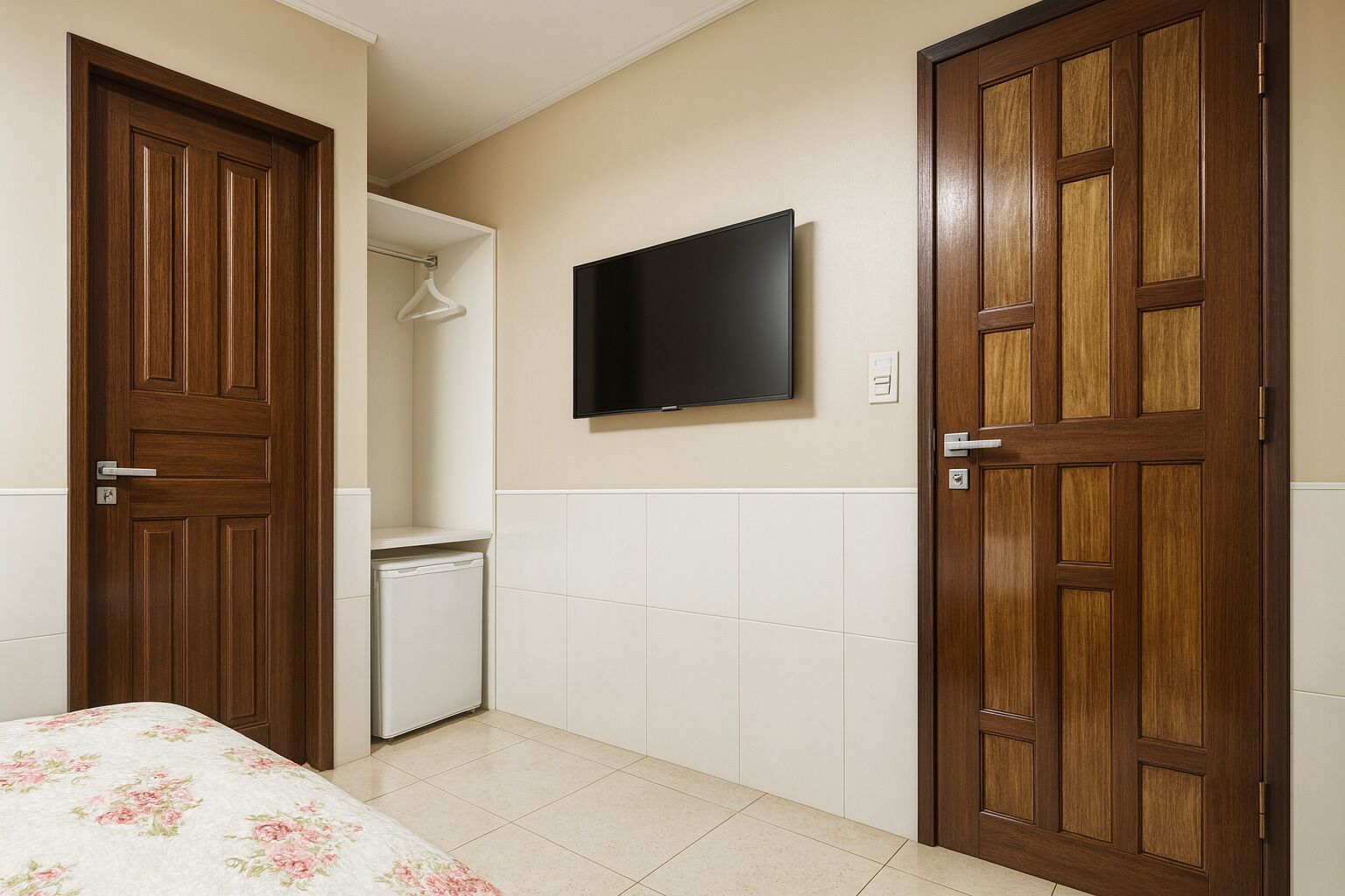 A bedroom with a bed, a TV mounted on the wall, and two wooden doors.