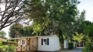 A small, single-story mobile home with a porch and steps, surrounded by trees and a clear path.
