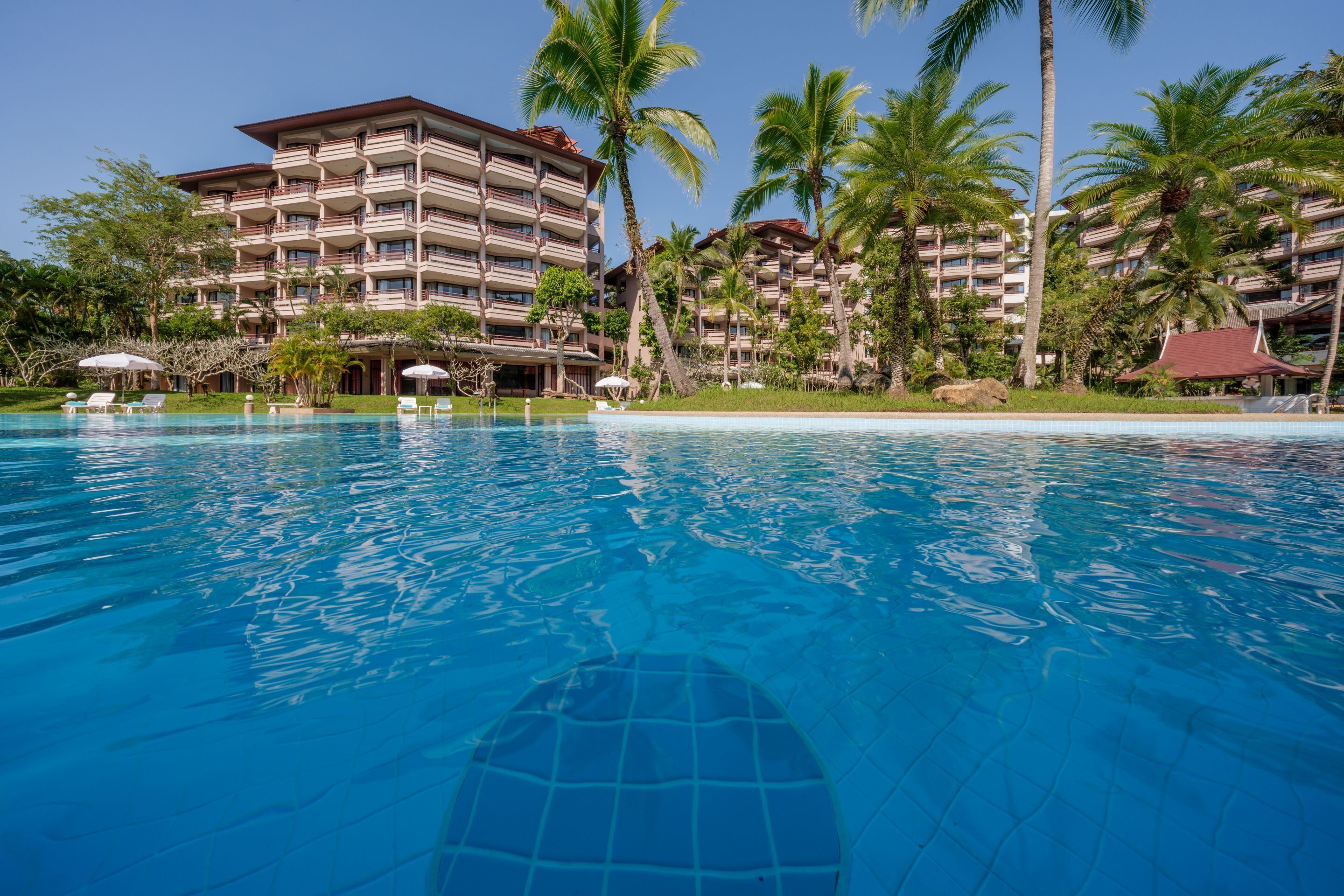 Una piscina al aire libre, sombrillas